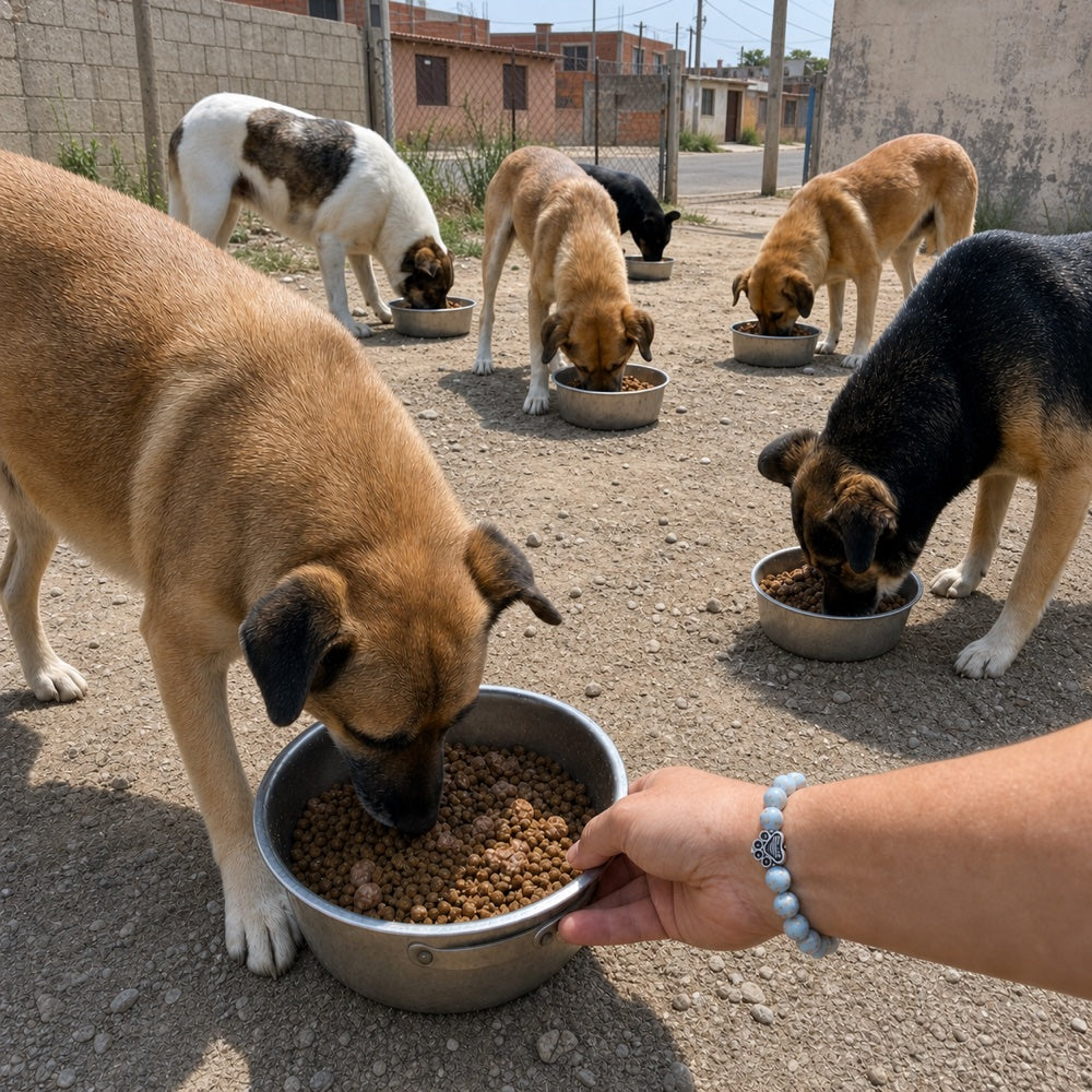 Abandoned dogs eating during an urban feeding operation, with a Rescue Paws bracelet visible