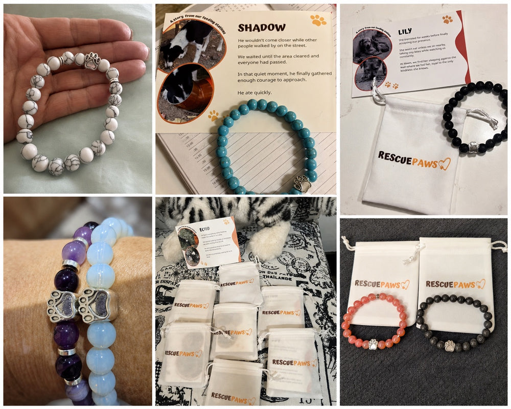 Customer photos of Rescue Paws bracelets, drawstring pouches, and story cards with dogs' names