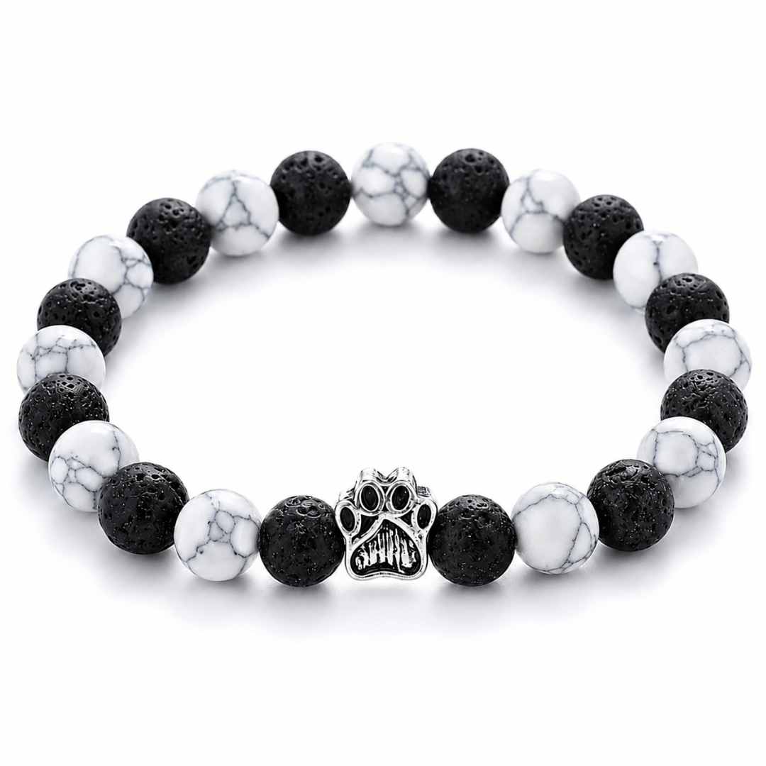 Ghost Bracelet, Limited Halloween Edition: white and black beaded bracelet with a silver paw charm