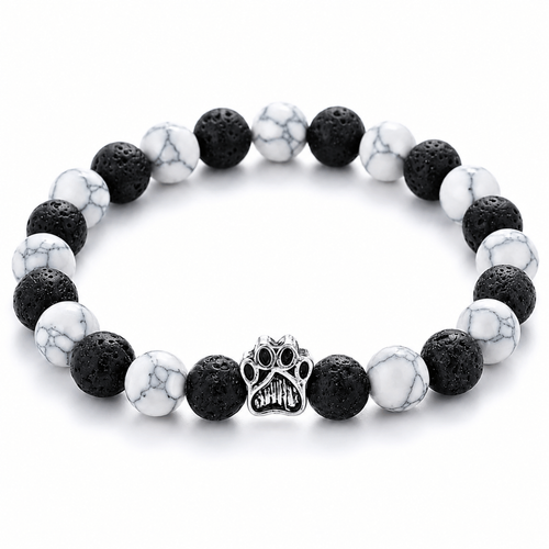 Ghost Bracelet, Limited Halloween Edition: white and black beaded bracelet with a silver paw charm