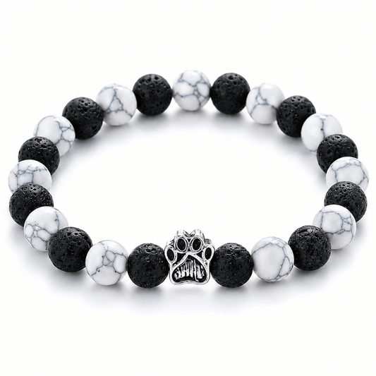 Ghost Bracelet, Limited Halloween Edition: white and black beaded bracelet with a silver paw charm