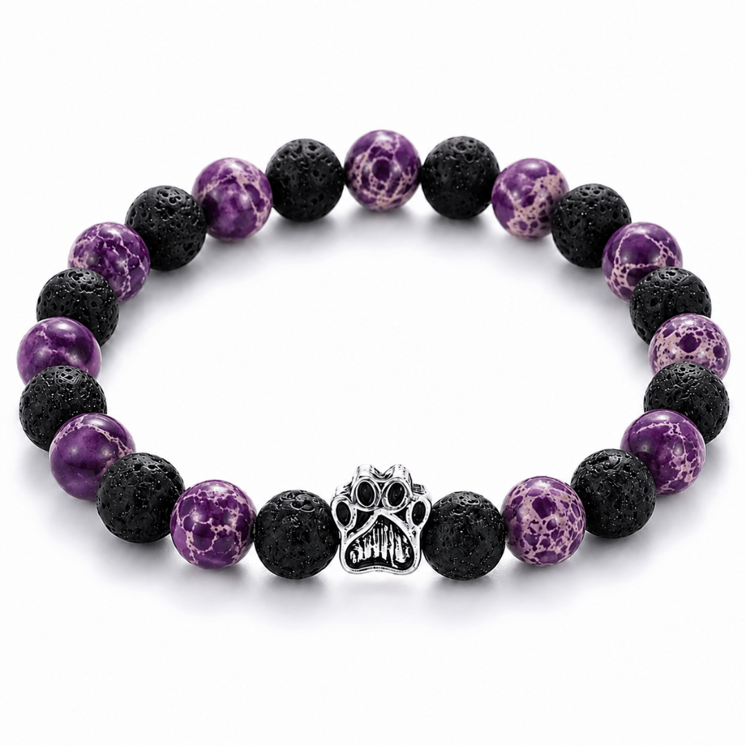 Nightshade Bracelet, Limited Halloween Edition: purple and black beaded bracelet with a silver paw charm