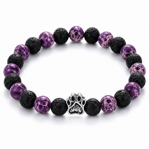 Nightshade Bracelet, Limited Halloween Edition: purple and black beaded bracelet with a silver paw charm