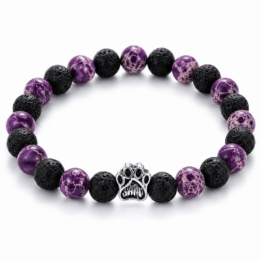 Nightshade Bracelet, Limited Halloween Edition: purple and black beaded bracelet with a silver paw charm