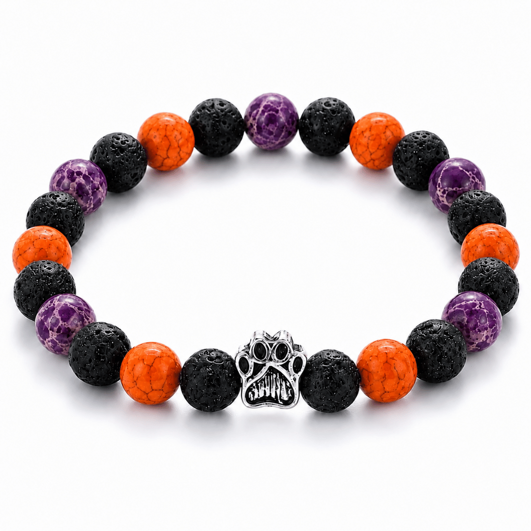 Twilight Bracelet, Limited Halloween Edition: orange, purple and black beaded bracelet with a silver paw charm