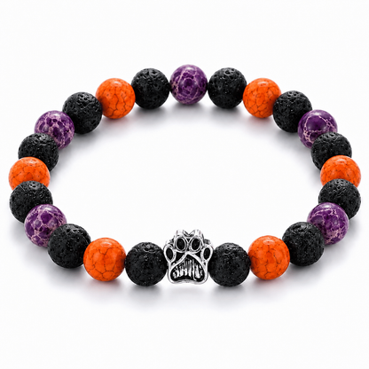 Twilight Bracelet, Limited Halloween Edition: orange, purple and black beaded bracelet with a silver paw charm