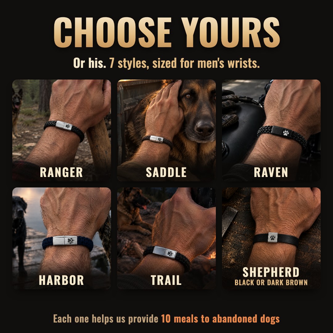 Choose yours, or his: Ranger, Saddle, Raven, Harbor, Trail and Shepherd men's bracelets worn on a man's wrist
