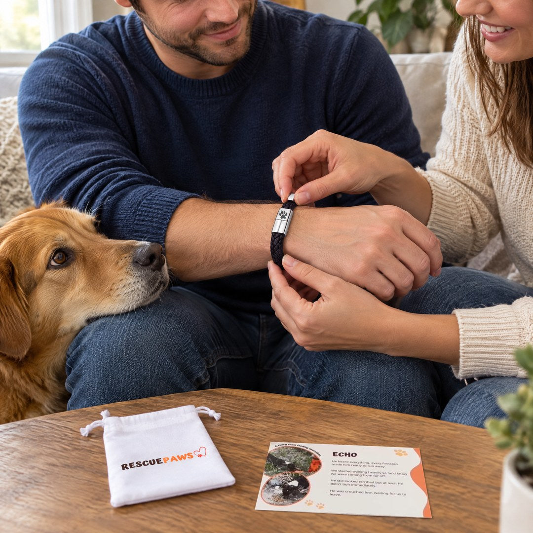A woman fastening a Rescue Paws men's bracelet on a man's wrist, a Rescue Paws pouch and a dog story card on the table