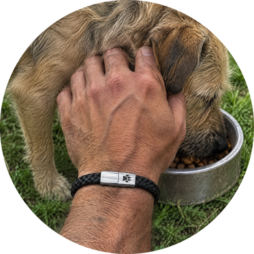 A man wearing the Rescue Paws Ranger bracelet, his hand on a stray dog eating from a bowl