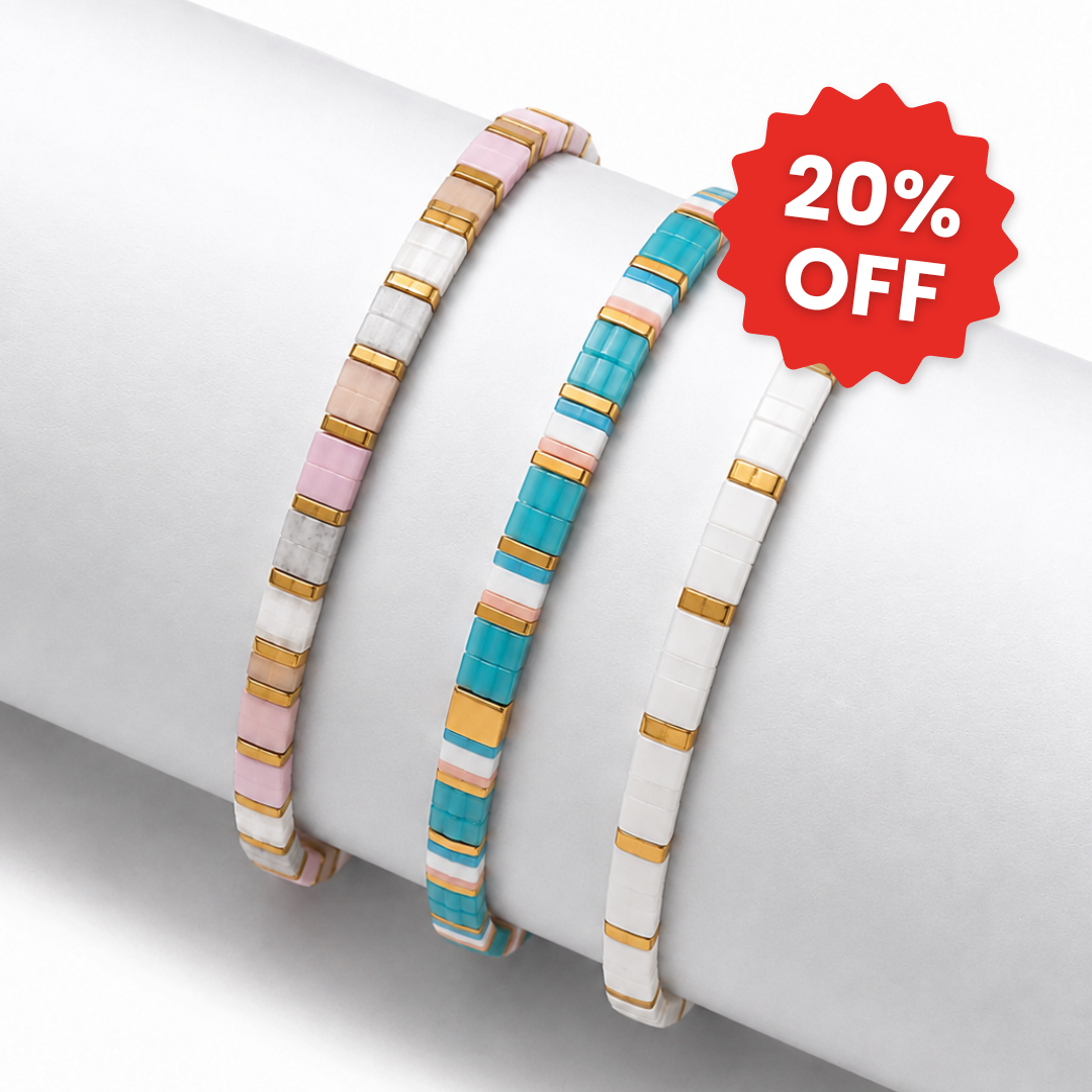 Blush set of 3 Miyuki bracelets: soft pink, turquoise and white tile beads