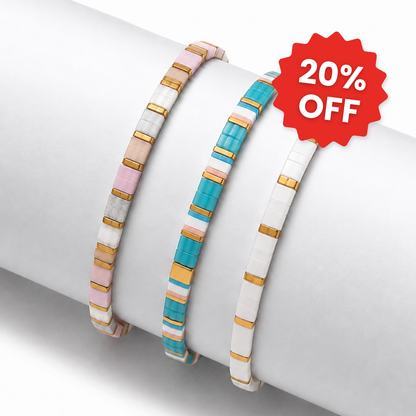 Blush set of 3 Miyuki bracelets: soft pink, turquoise and white tile beads