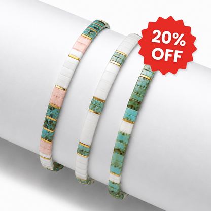 Coral Reef set of 3 Miyuki bracelets: peach, seafoam and white tile beads