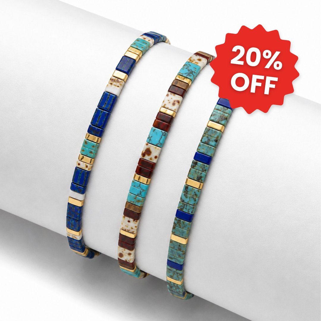 Lagoon set of 3 Miyuki bracelets: navy, turquoise and gold tile beads