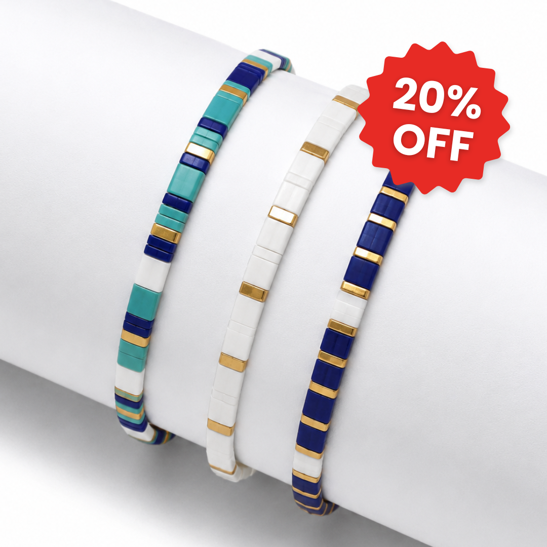 Marina set of 3 Miyuki bracelets: turquoise, white and navy tile beads