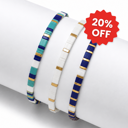Marina set of 3 Miyuki bracelets: turquoise, white and navy tile beads