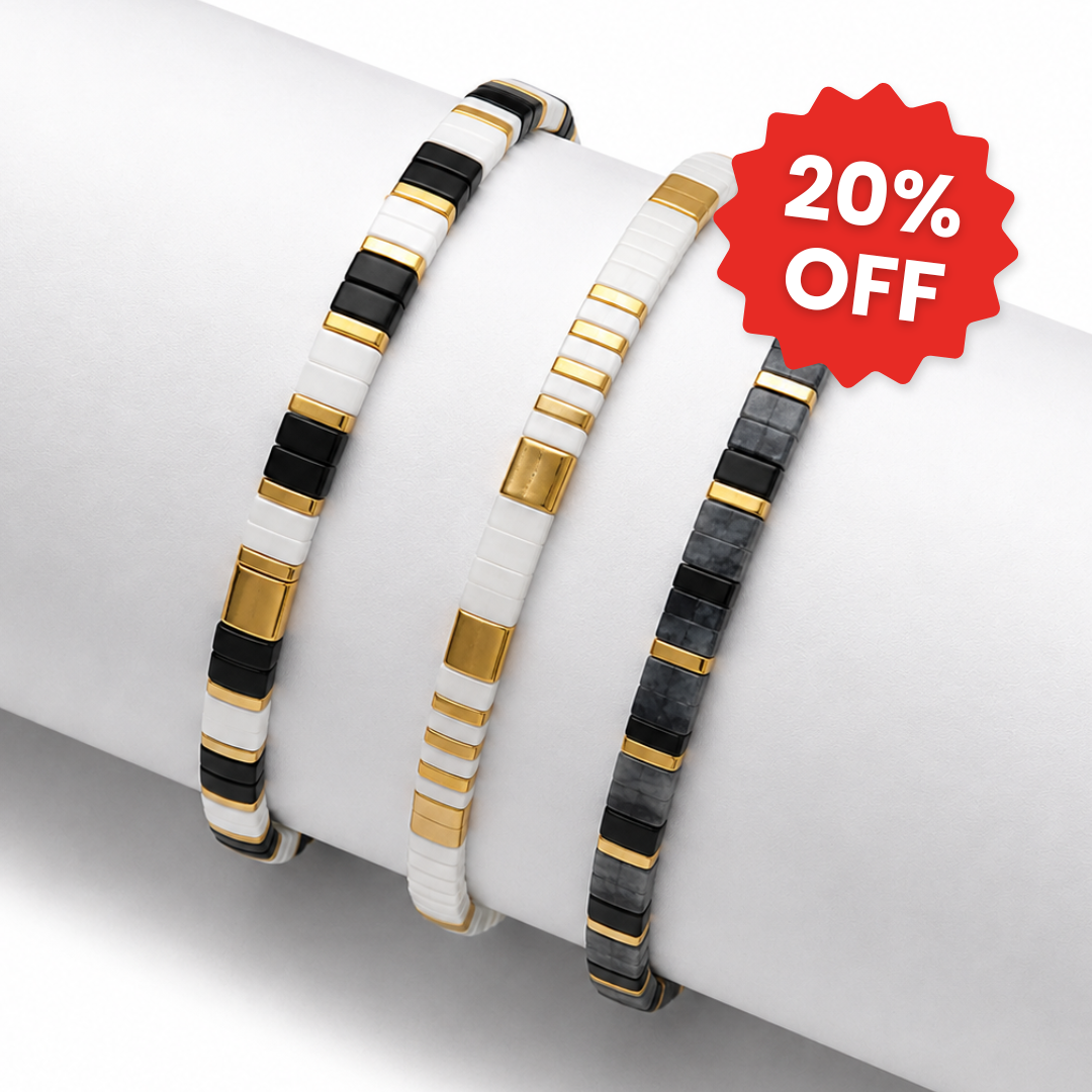 Onyx set of 3 Miyuki bracelets: black, white and gold tile beads