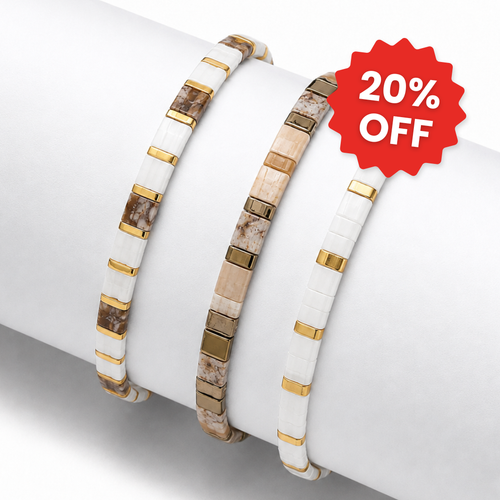 Sandstone set of 3 Miyuki bracelets: white, warm brown and gold tile beads
