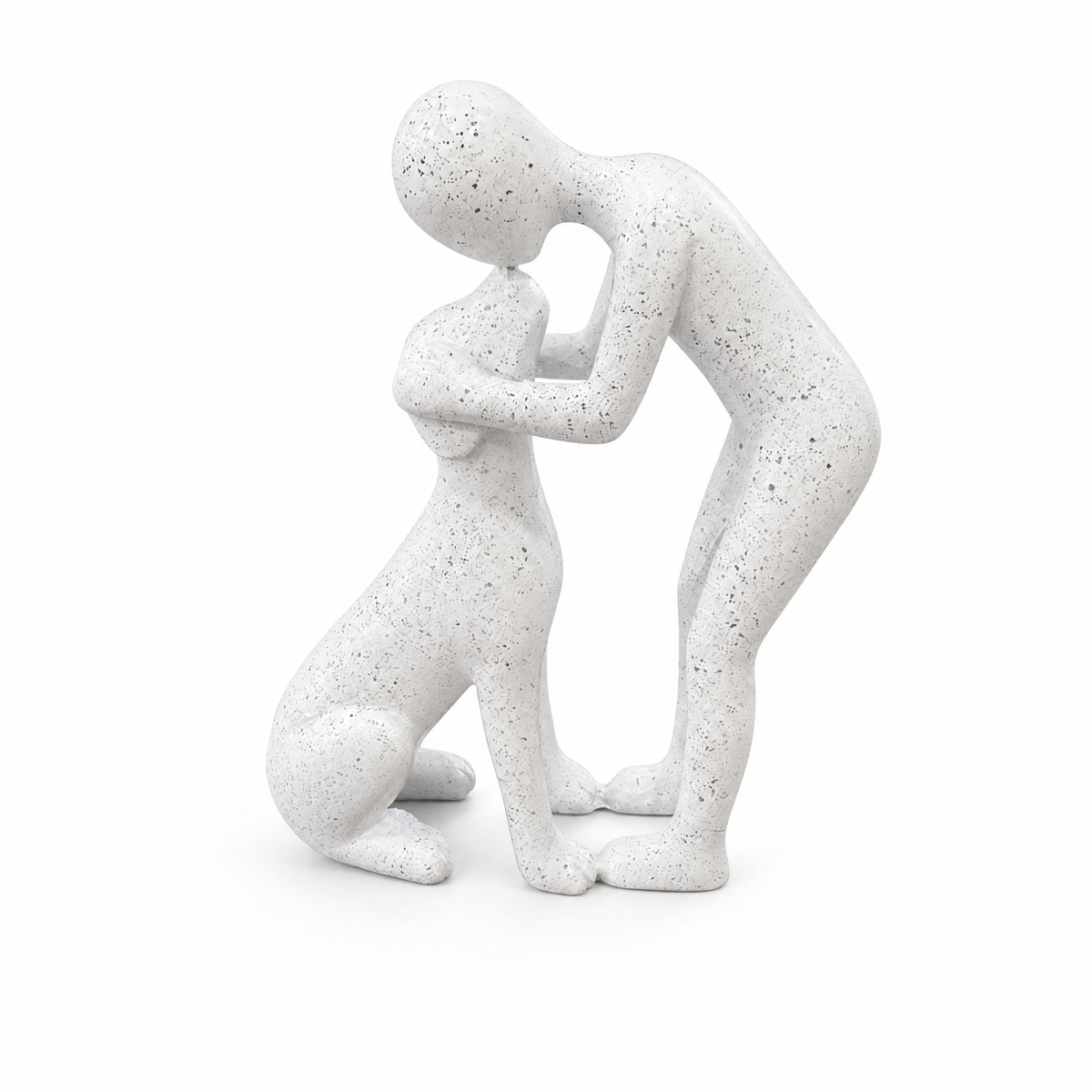 Warm Embrace Statue: a person and a sitting dog in a warm embrace, speckled white finish