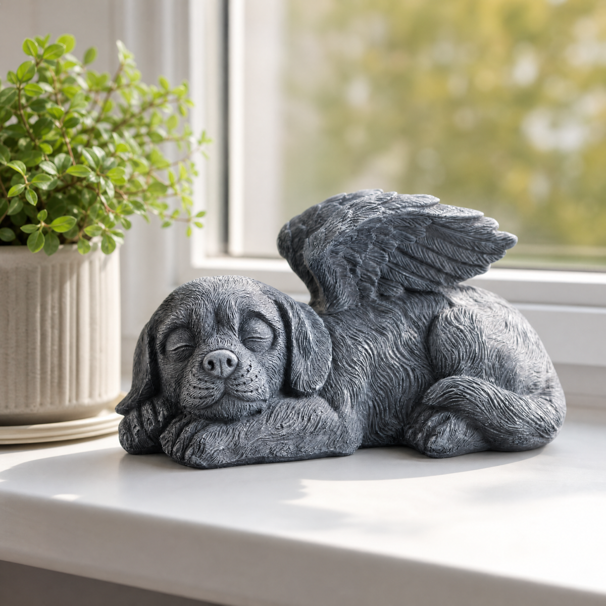 Guardian Angel Dog Statue displayed at home