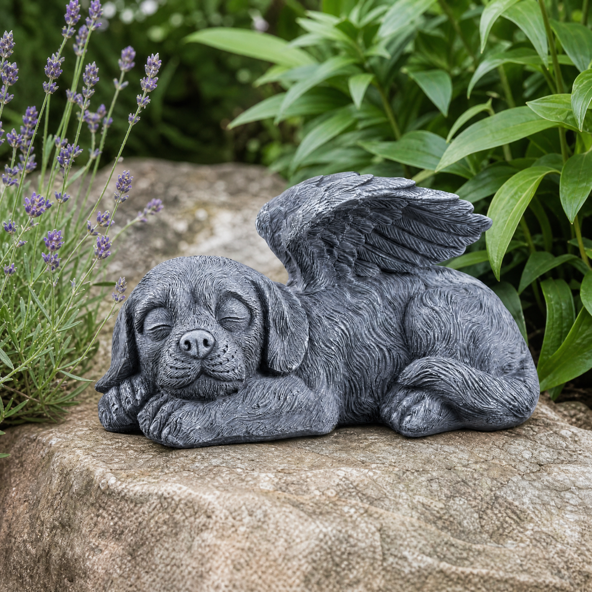 Guardian Angel Dog Statue displayed in the garden