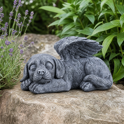 Guardian Angel Dog Statue displayed in the garden