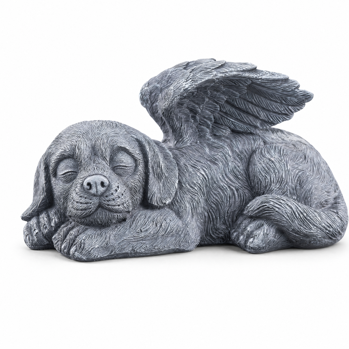 Guardian Angel Dog Statue: a resting dog with angel wings, grey stone look