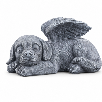 Guardian Angel Dog Statue: a resting dog with angel wings, grey stone look