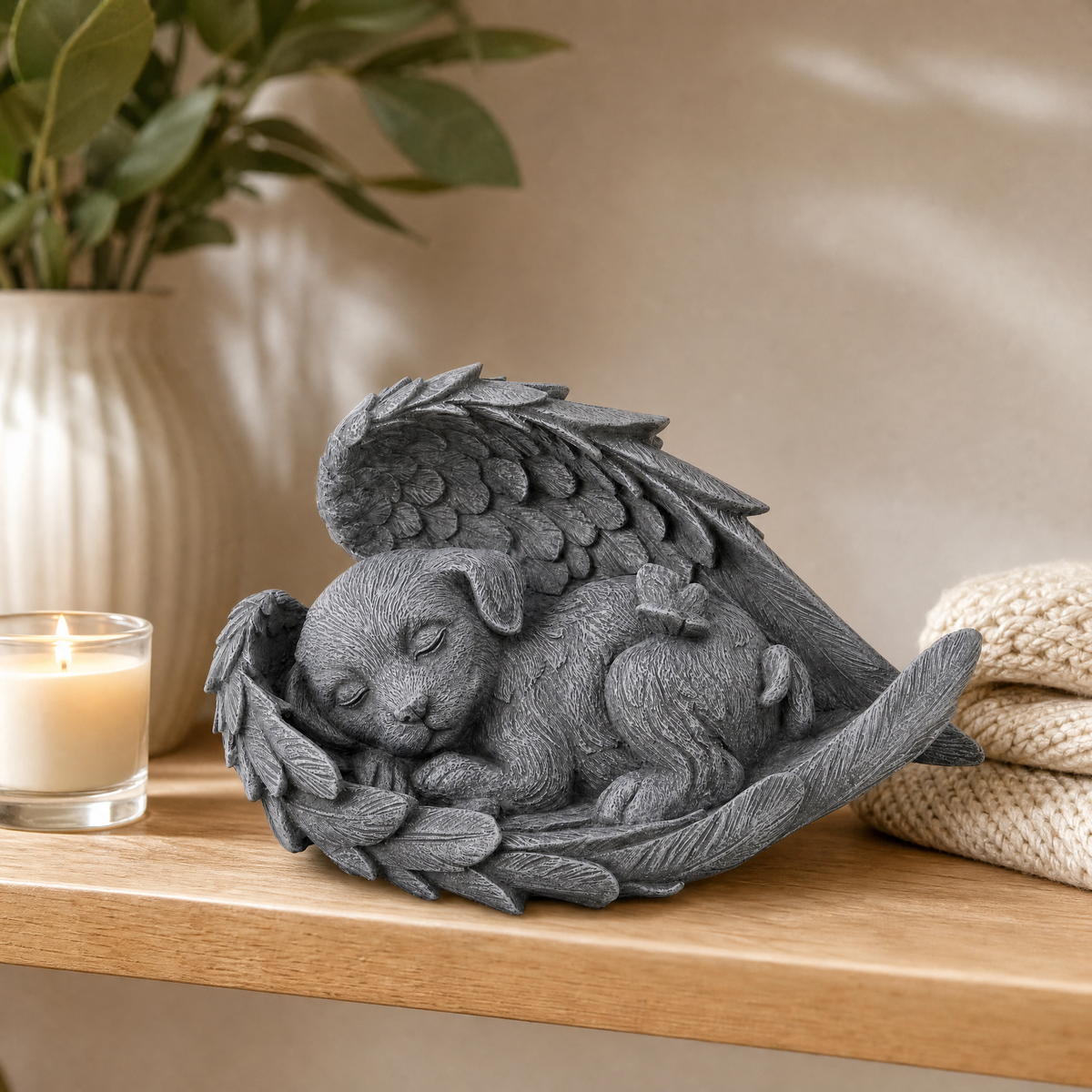 Sleeping Angel Puppy Statue displayed at home