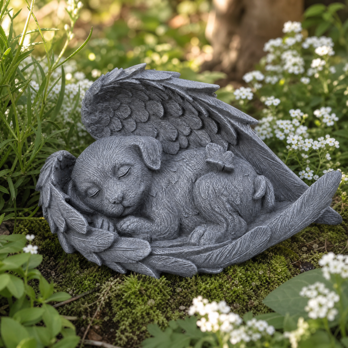 Sleeping Angel Puppy Statue displayed in the garden