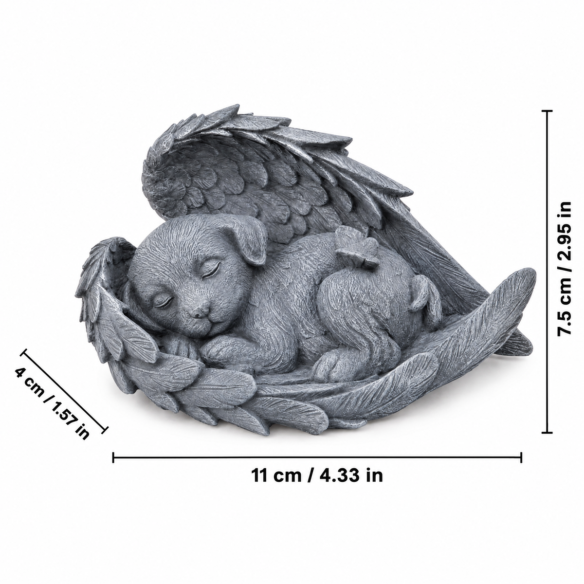 Sleeping Angel Puppy Statue size: 11 cm (4.33 in) long, 7.5 cm (2.95 in) high, 4 cm (1.57 in) deep
