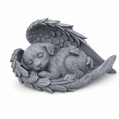 Sleeping Angel Puppy Statue: a sleeping puppy curled up in angel wings, grey stone look