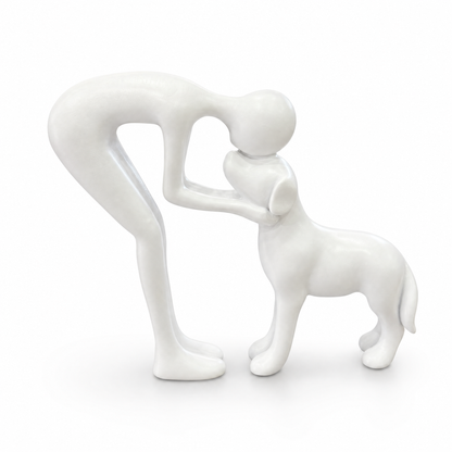 Forever Bond Statue (White): a person and a dog sharing a quiet moment, glossy white finish
