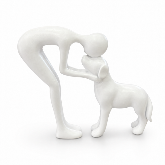 Forever Bond Statue (White): a person and a dog sharing a quiet moment, glossy white finish