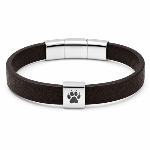 Shepherd Men's Bracelet (Dark Brown): dark brown flat strap with a silver-tone clasp featuring a paw print