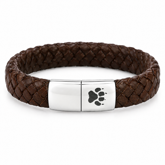 Saddle Men's Bracelet: brown braided strap with a silver-tone clasp featuring a paw print