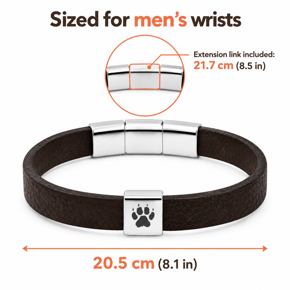 Sized for men's wrists: 20.5 cm (8.1 in), extension link included for 21.7 cm (8.5 in)