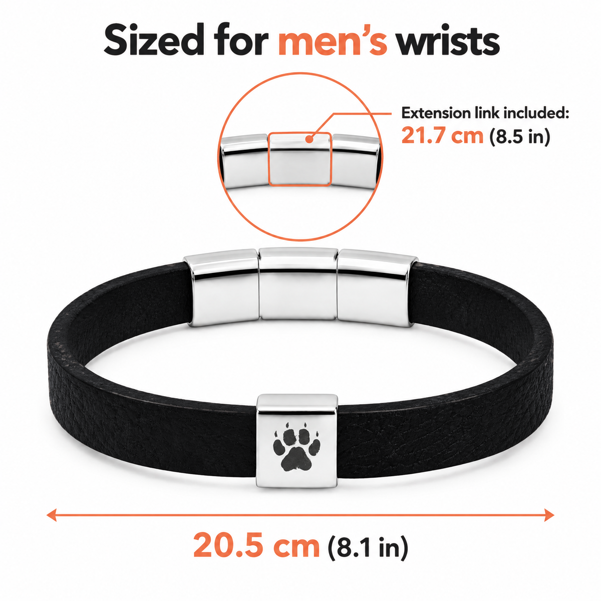 Sized for men's wrists: 20.5 cm (8.1 in), extension link included for 21.7 cm (8.5 in)
