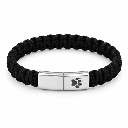 Trail Men's Bracelet: black woven cord with a silver-tone clasp featuring a paw print