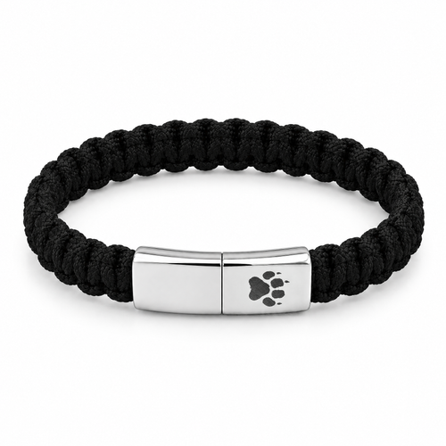 Trail Men's Bracelet: black woven cord with a silver-tone clasp featuring a paw print