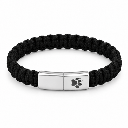 Trail Men's Bracelet: black woven cord with a silver-tone clasp featuring a paw print