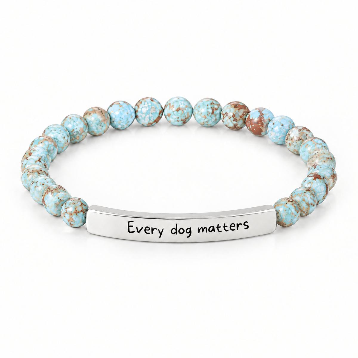 Every Dog Matters Bracelet (Lagoon): light aqua blue beads with a silver-tone bar that reads "Every dog matters"