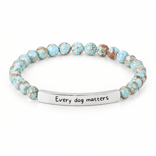 Every Dog Matters Bracelet (Lagoon): light aqua blue beads with a silver-tone bar that reads "Every dog matters"