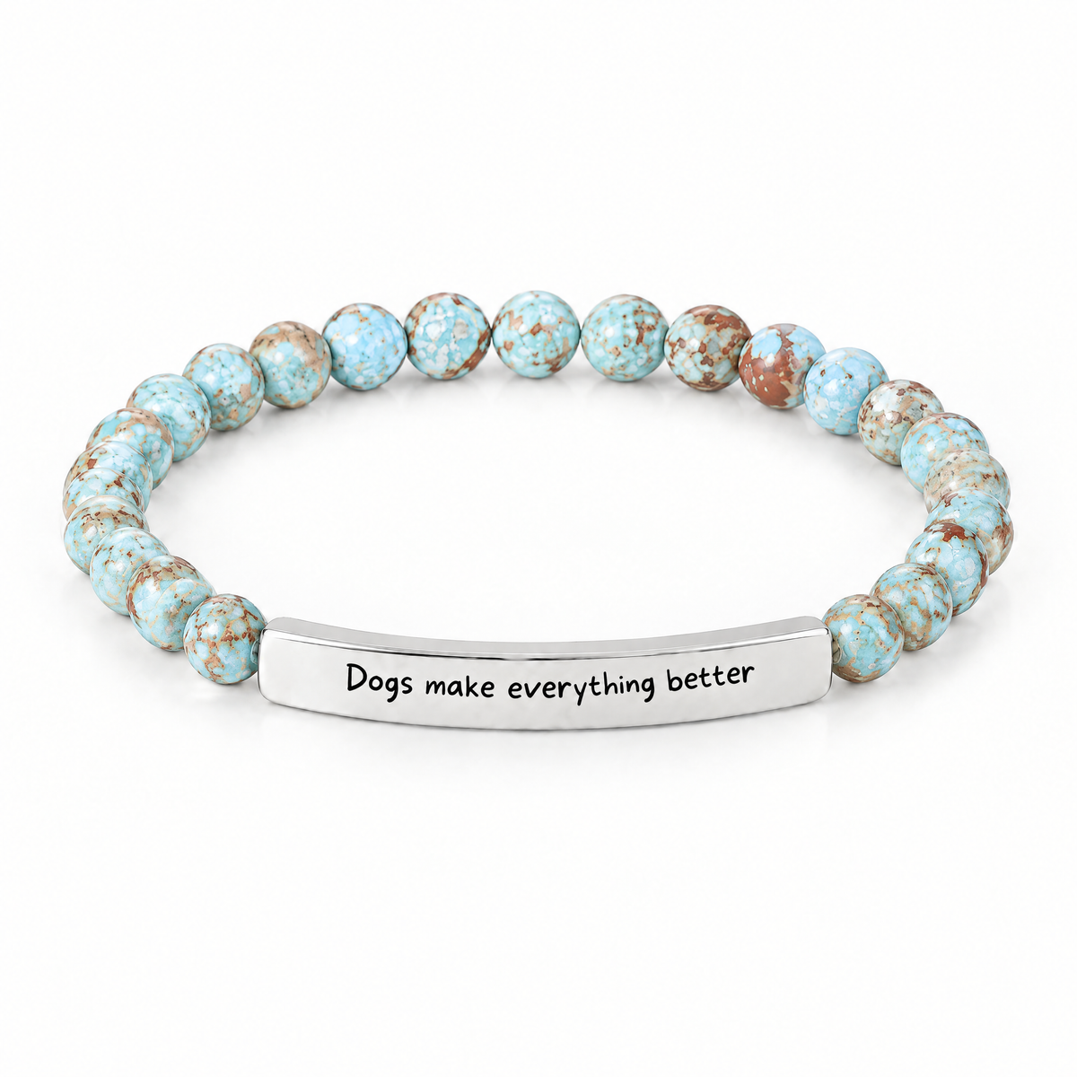 Dogs Make Everything Better Bracelet (Lagoon): light aqua blue beads with a silver-tone bar that reads "Dogs make everything better"