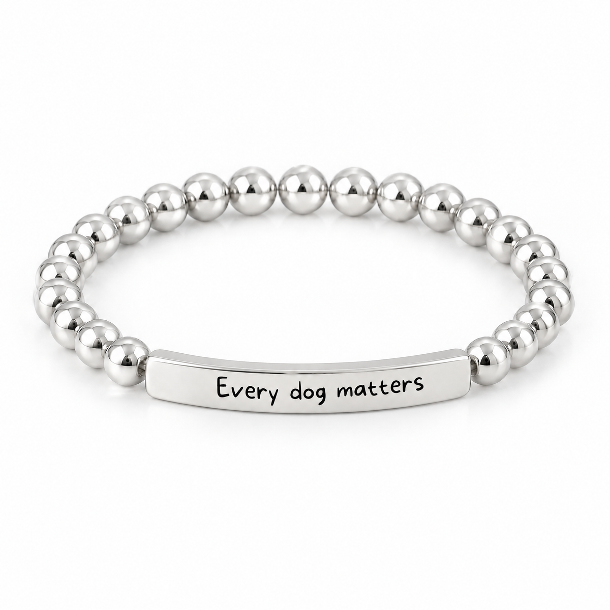 Every Dog Matters Bracelet (Silver-Tone): polished silver-tone beads with a silver-tone bar that reads "Every dog matters"