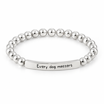 Every Dog Matters Bracelet (Silver-Tone): polished silver-tone beads with a silver-tone bar that reads "Every dog matters"