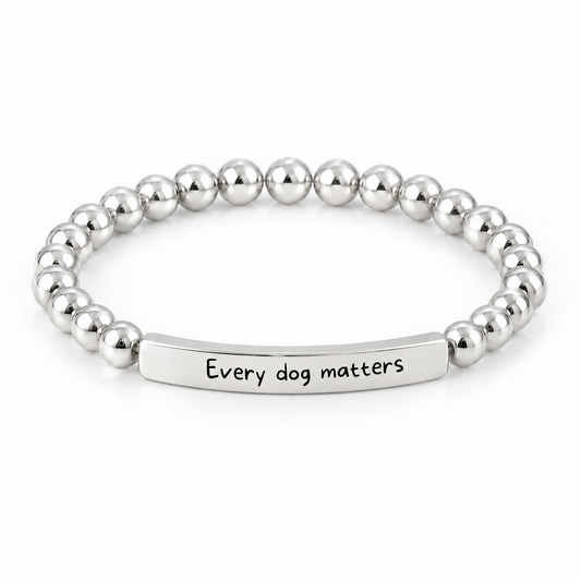 Every Dog Matters Bracelet (Silver-Tone): polished silver-tone beads with a silver-tone bar that reads "Every dog matters"