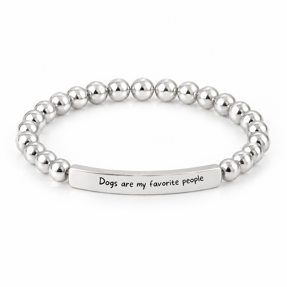 Dogs Are My Favorite People Bracelet (Silver-Tone): polished silver-tone beads with a silver-tone bar that reads "Dogs are my favorite people"