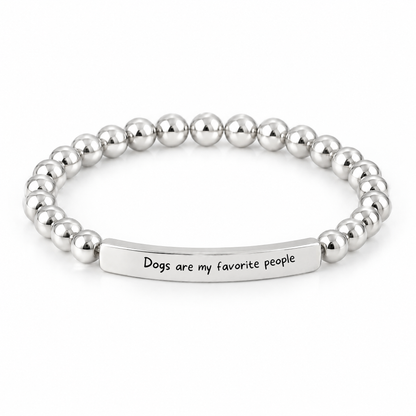 Dogs Are My Favorite People Bracelet (Silver-Tone): polished silver-tone beads with a silver-tone bar that reads "Dogs are my favorite people"