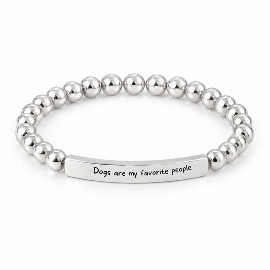 Dogs Are My Favorite People Bracelet (Silver-Tone): polished silver-tone beads with a silver-tone bar that reads "Dogs are my favorite people"