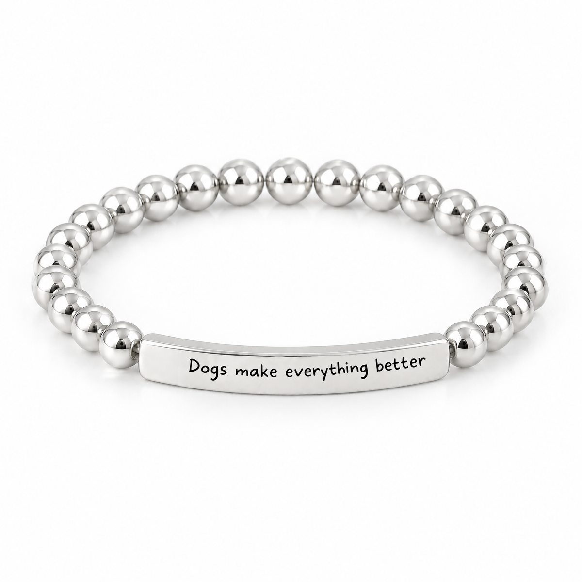 Dogs Make Everything Better Bracelet (Silver-Tone): polished silver-tone beads with a silver-tone bar that reads "Dogs make everything better"
